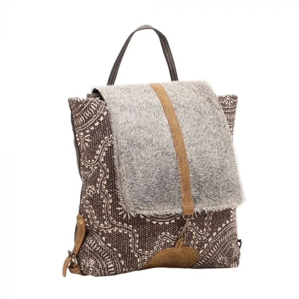 Myra Bag Handmade Stygian Backpack Upcycled Canvas & Cowhide Leather